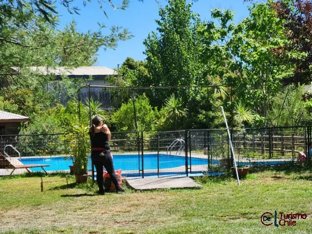 Piscina azul con jardín y vegetación exuberante