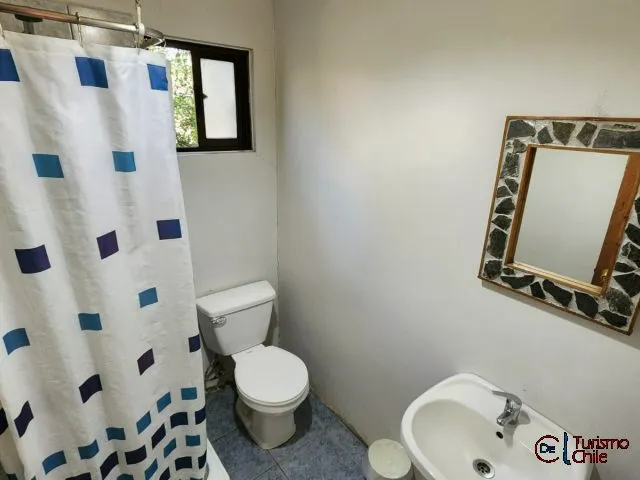 Baño privado con ducha, inodoro y espejo de piedra